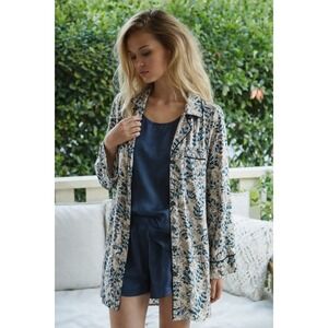 Sevya Handmade Blue Botanical Block Print Rayon Button Down Tunic Shirt SM